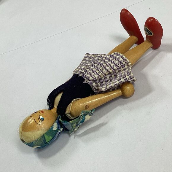 Vtg Poland Wood Peg Doll Girl Blond Hair Purple Plaid Skirt Red Shoes 7" - Picture 5 of 9